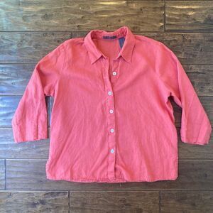 Liz Claiborne 100% Linen Pink Button Up Blouse Large 3/4 Sleeve Relaxed Fit